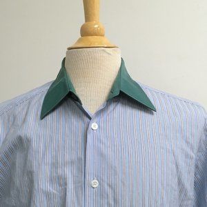 Prada blue stripe contrast green collar and cuffs cotton shirt 16 i41